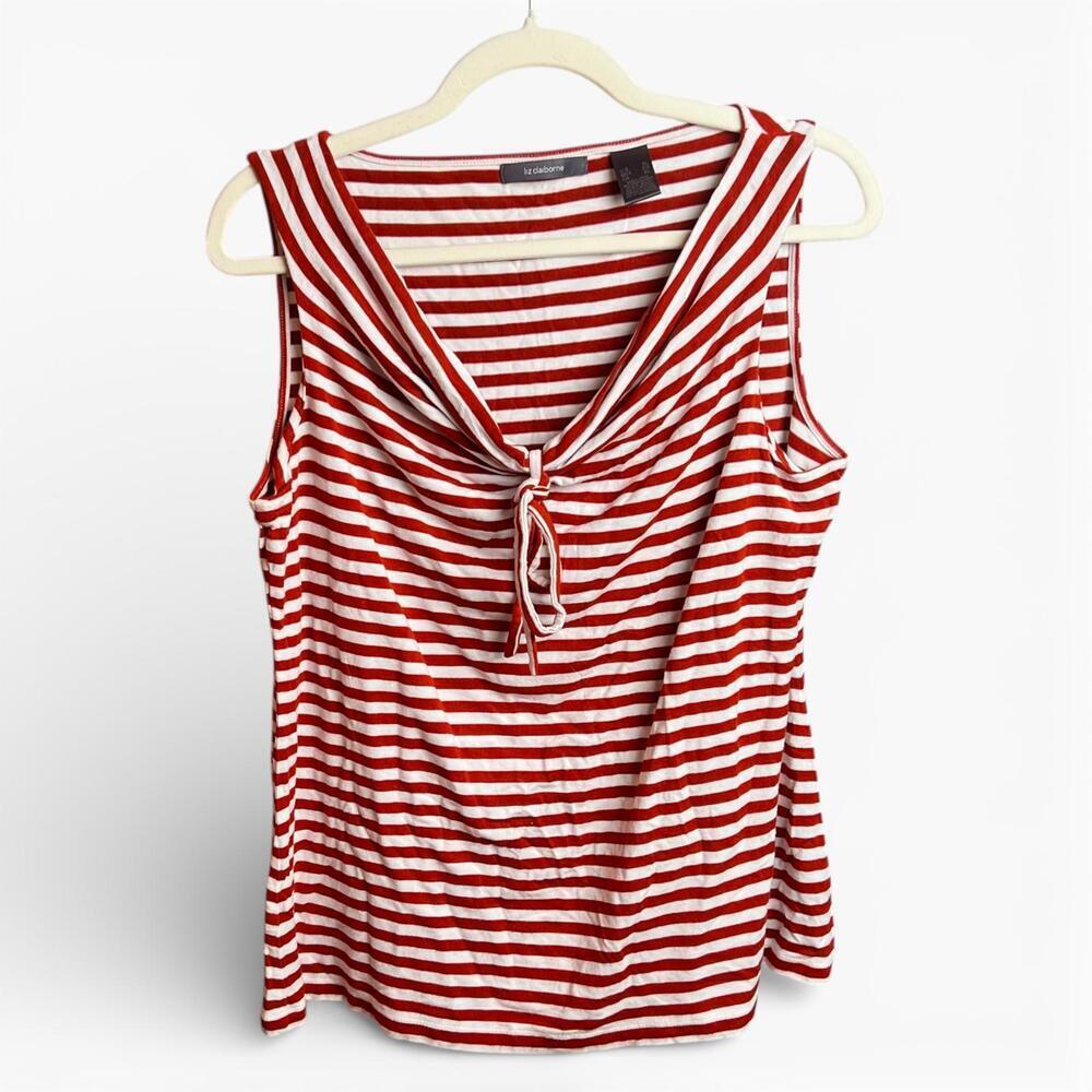 Vintage Y2K Liz Claiborne Red and White Striped Sleeveless Cowl-neck Top